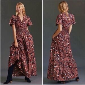 Anthropologie Maeve Somerset Maxi Dress in Leopard Print Size XXS Tiered Cotton